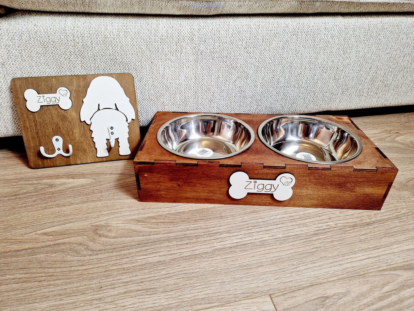 Personalised Wooden Dog Leash Hanger, and feeding station bundle.