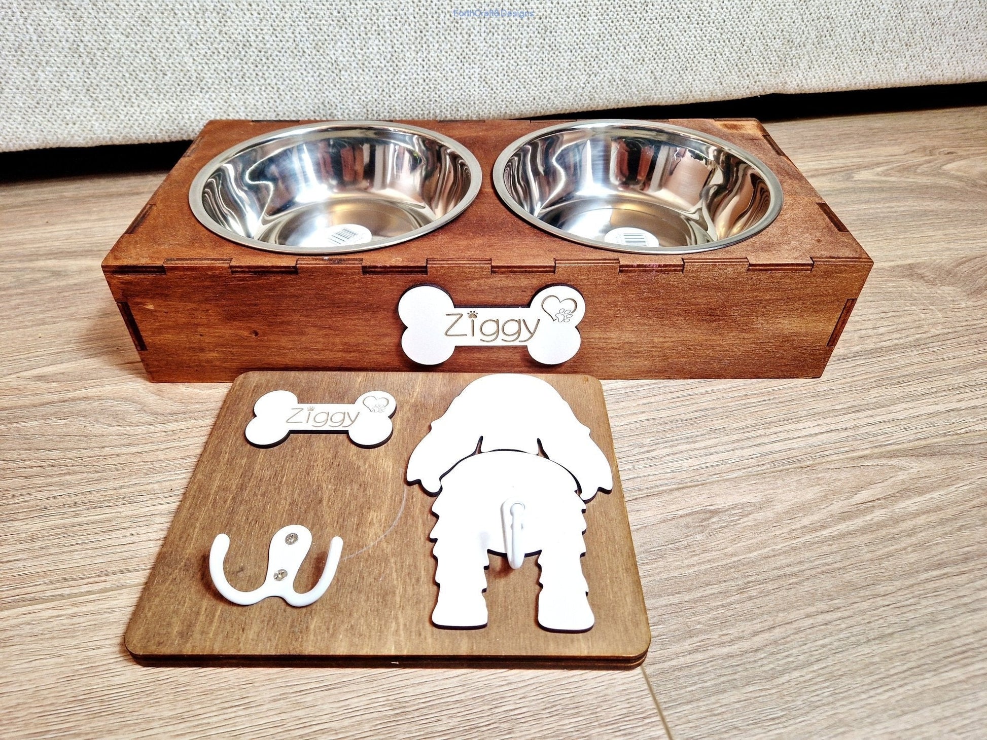 Personalised Wooden Dog Leash Hanger, and feeding station bundle.