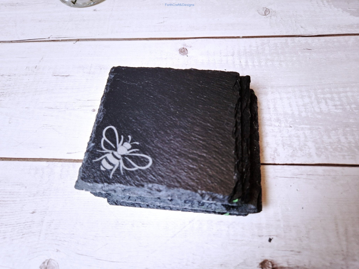 Slate coaster set bee design