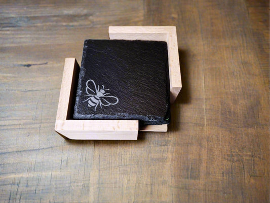 Slate coaster set bee design