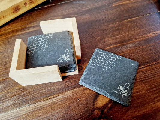 Slate coaster set bee design