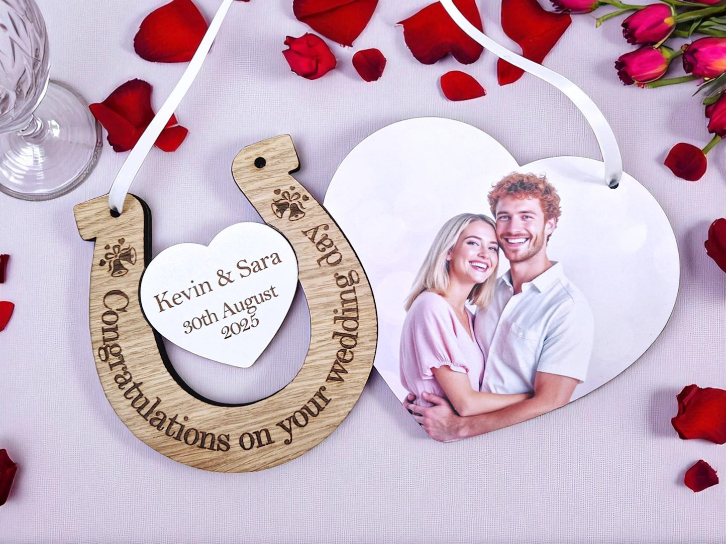 Personalised Wedding Horseshoe Gift – Wooden Heart Keepsake with Photo
