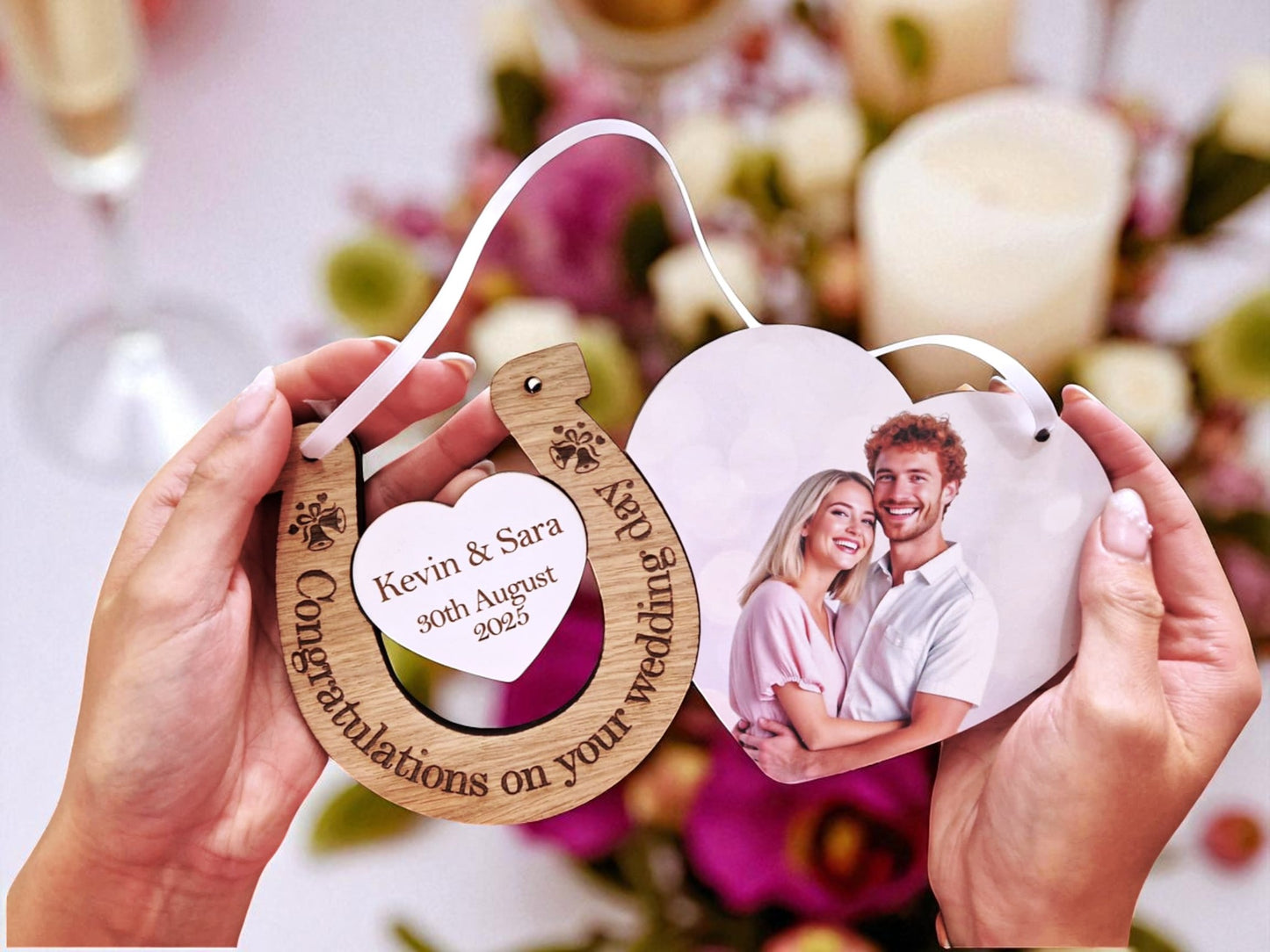 Personalised Wedding Horseshoe Gift – Wooden Heart Keepsake with Photo