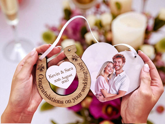 Personalised Wedding Horseshoe Gift – Wooden Heart Keepsake with Photo