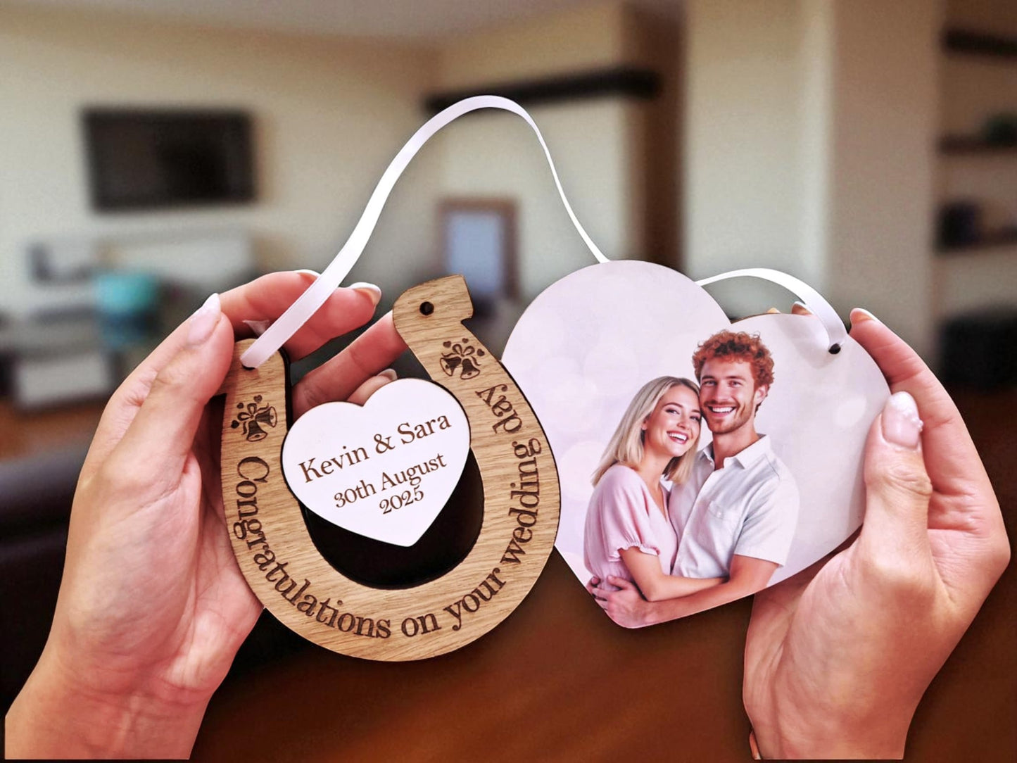 Personalised Wedding Horseshoe Gift – Wooden Heart Keepsake with Photo