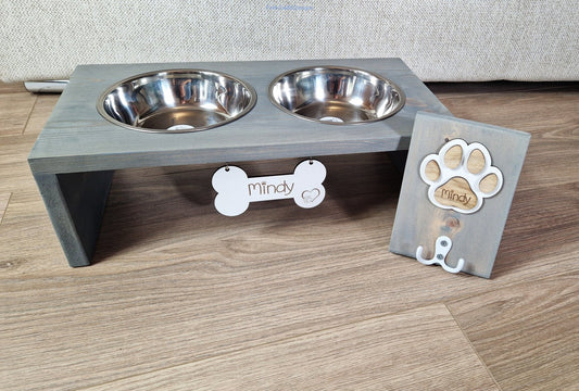 Wooden Dog Leash Hanger, and feeding station bundle.-Forth Craft and Designs